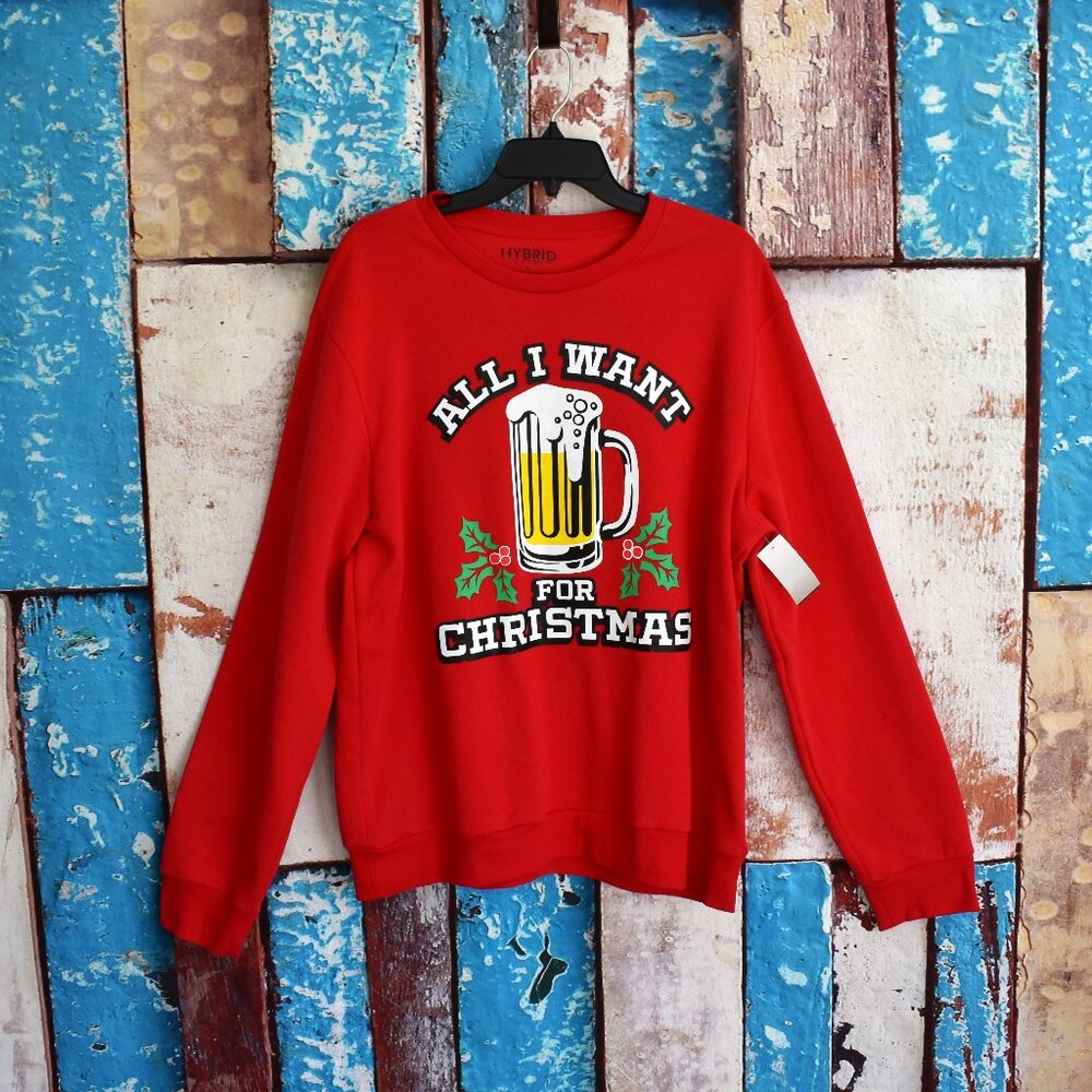 Men's Hybrid Beer All I Want For Christmas Graphic Fleece LARGE Red NEW